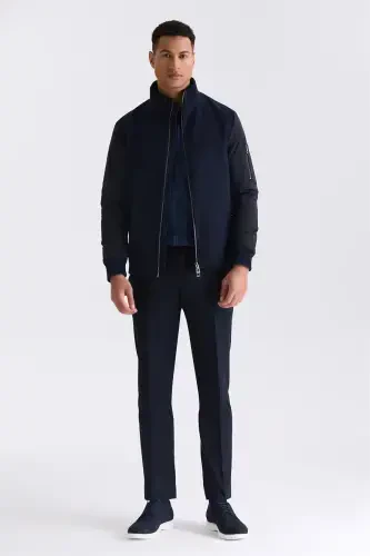 Navy Regular Fit Mandarin Collar Zip-Up Winter Jacket - 2