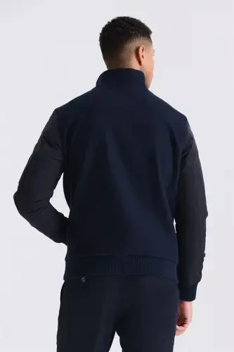 Navy Regular Fit Mandarin Collar Zip-Up Winter Jacket - 4