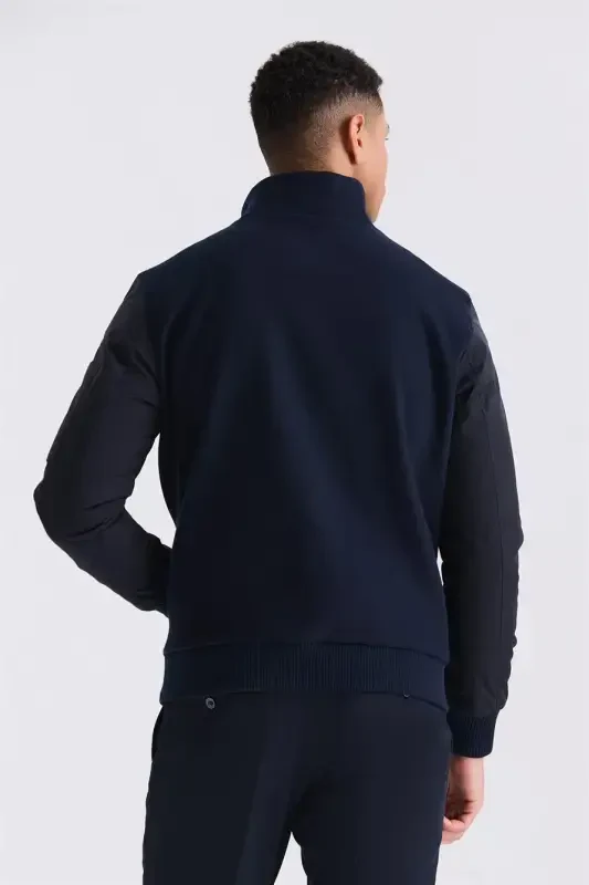 Navy Regular Fit Mandarin Collar Zip-Up Winter Jacket - 4