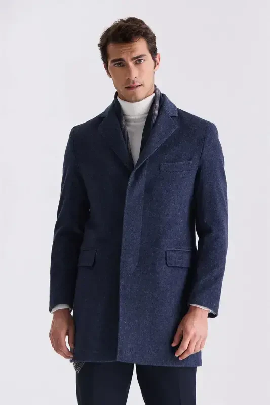 Navy Regular Fit Mono Collar Wool Cashmere Coat - 1