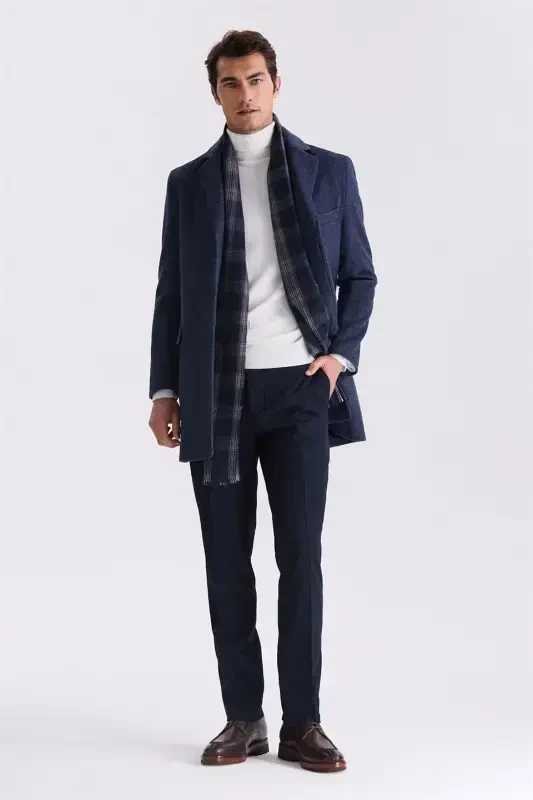 Navy Regular Fit Mono Collar Wool Cashmere Coat - 2