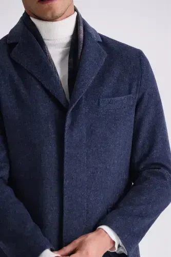 Navy Regular Fit Mono Collar Wool Cashmere Coat - 3