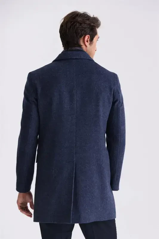 Navy Regular Fit Mono Collar Wool Cashmere Coat - 4