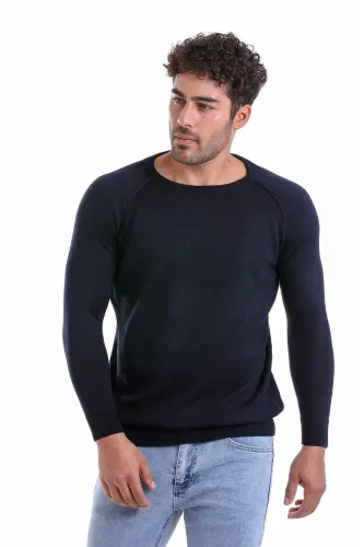 Navy Regular Fit Patterned Crew Neck Wool T-Shirt 