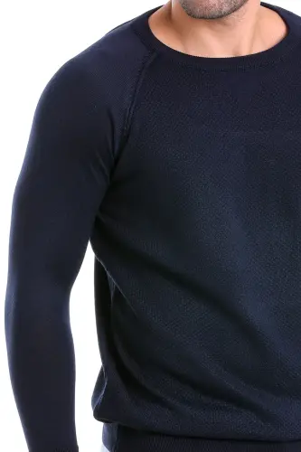 Navy Regular Fit Patterned Crew Neck Wool T-Shirt - 4