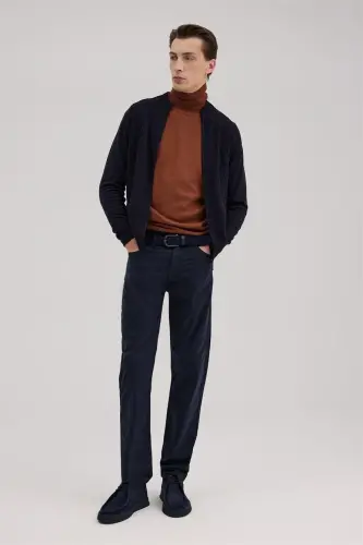 Navy Regular Fit Patterned Knitted Zipper Cardigan 