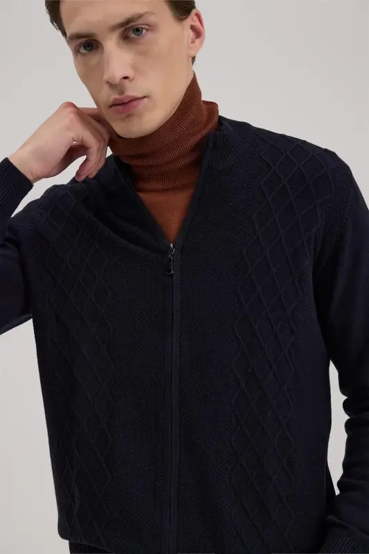 Navy Regular Fit Patterned Knitted Zipper Cardigan - 3