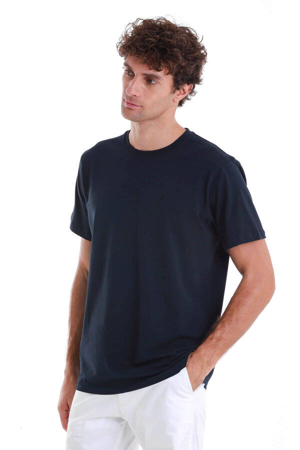 Navy Regular Fit Plain Cotton Crew Neck Knit - 4