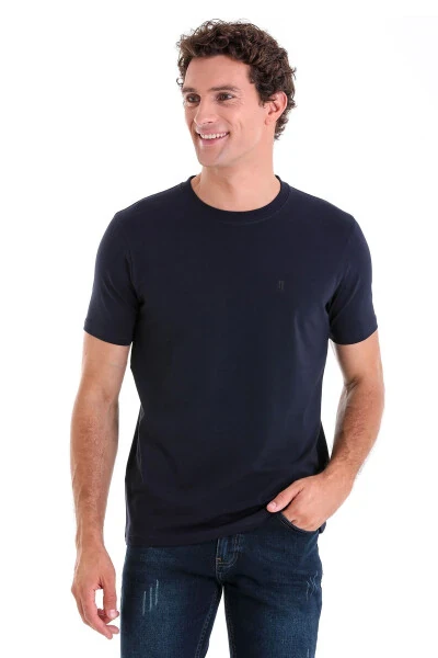 Navy Regular Fit Plain Cotton Crew Neck T-shirt - HATEMOĞLU (1)