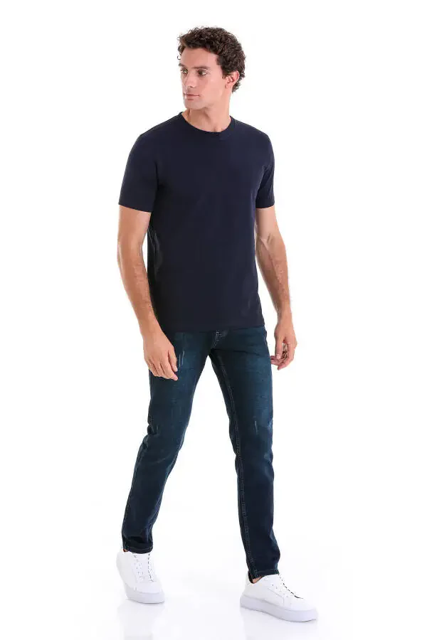 Navy Regular Fit Plain Cotton Crew Neck T-shirt - 5