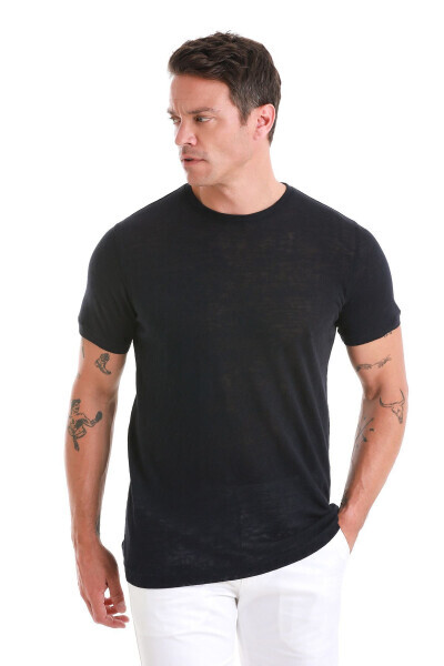 Navy Regular Fit Plain Crew Neck Cotton T-Shirt - 4