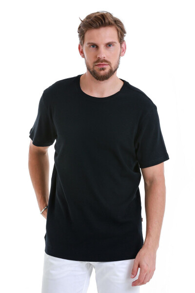 Navy Regular Fit Plain Crew Neck Linen T-Shirt 
