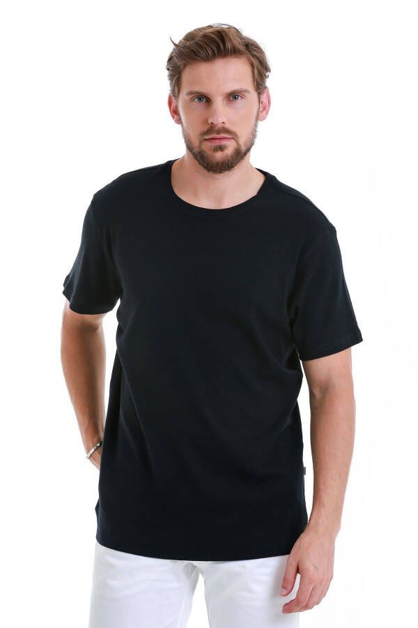 Navy Regular Fit Plain Crew Neck Linen T-Shirt - 1