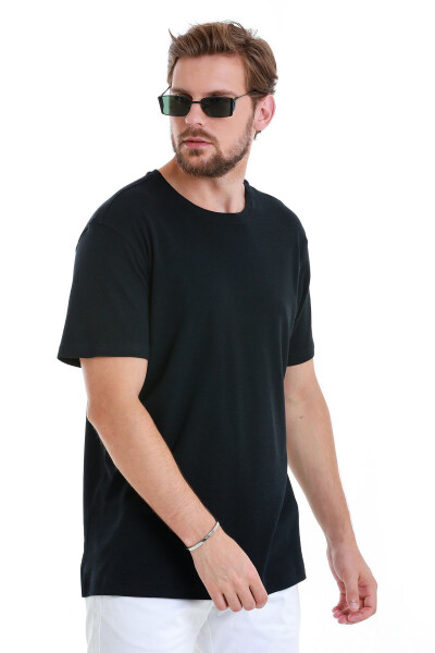 Navy Regular Fit Plain Crew Neck Linen T-Shirt - 3