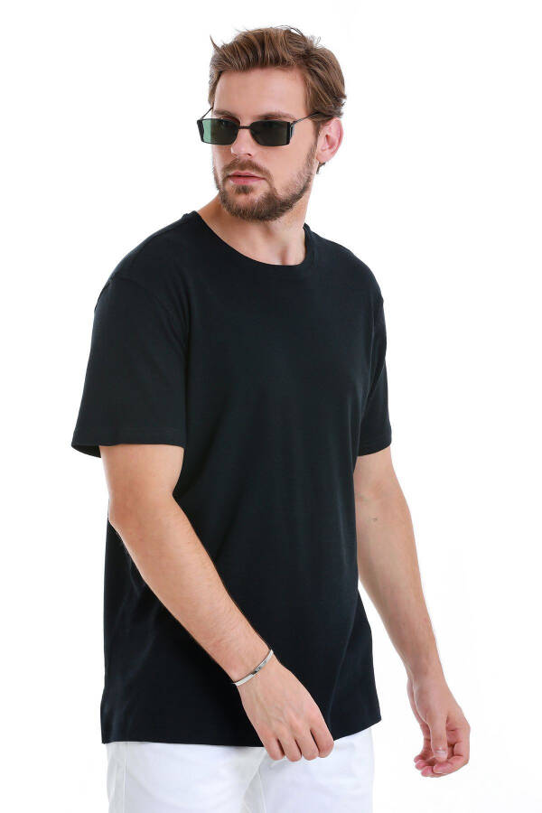 Navy Regular Fit Plain Crew Neck Linen T-Shirt - 3