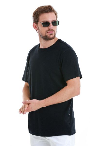 Navy Regular Fit Plain Crew Neck Linen T-Shirt - 4
