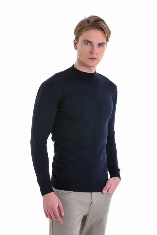 Navy Regular Fit Plain Half Turtleneck Wool Tr - HATEMOĞLU