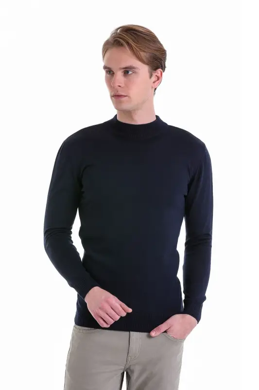Navy Regular Fit Plain Half Turtleneck Wool Tr - 2