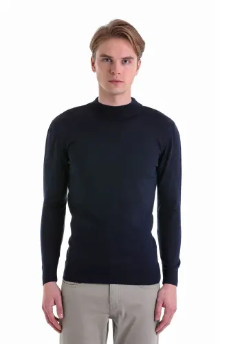 Navy Regular Fit Plain Half Turtleneck Wool Tr - 3