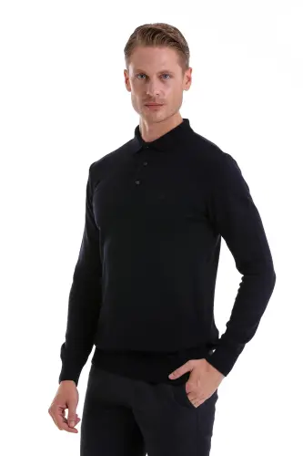 Navy Regular Fit Plain Polo Neck Knitted Sweater-Navy 