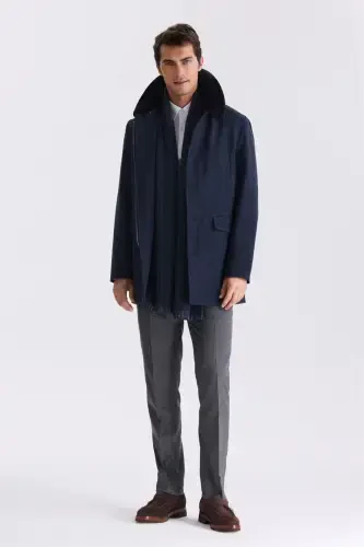 Navy Regular Fit Removable Fur Collar Patterned Woolen Coat 