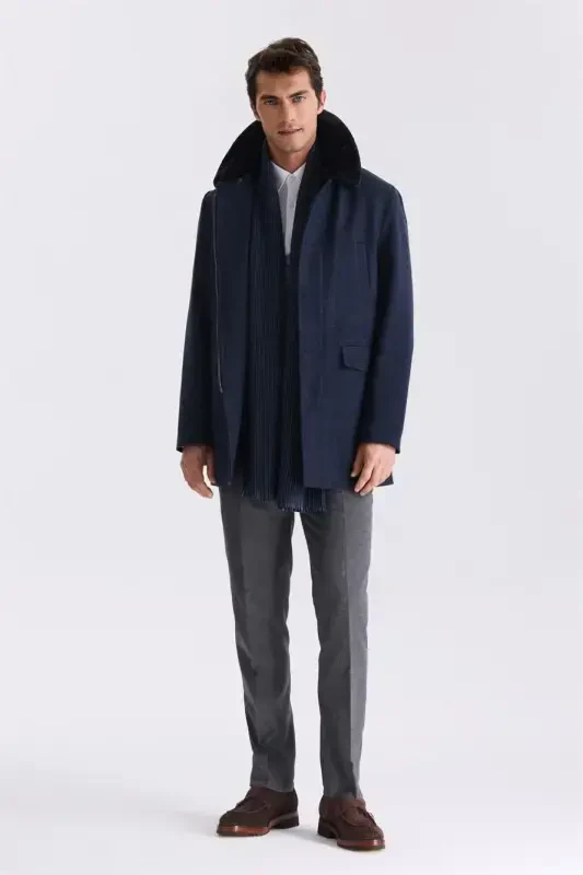 Navy Regular Fit Removable Fur Collar Patterned Woolen Coat - 1