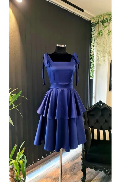 Navy Satin Square Neck, Sleeveless, Bow Shoulders - MAKBULEOFFICIAL