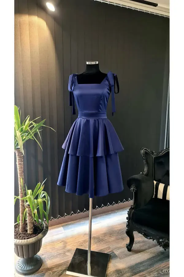 Navy Satin Square Neck, Sleeveless, Bow Shoulders - 2