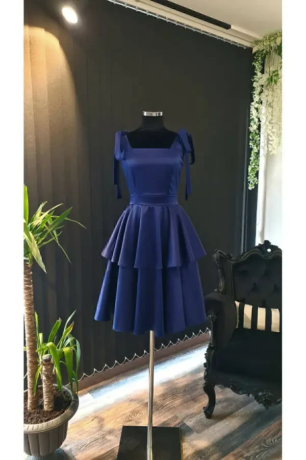 Navy Satin Square Neck, Sleeveless, Bow Shoulders - 3