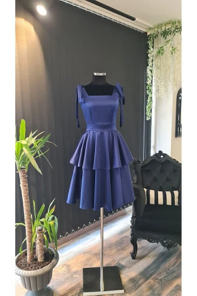 Navy Satin Square Neck, Sleeveless, Bow Shoulders - 4