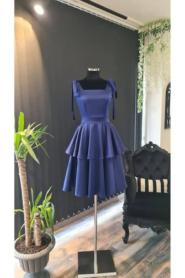 Navy Satin Square Neck, Sleeveless, Bow Shoulders - 4