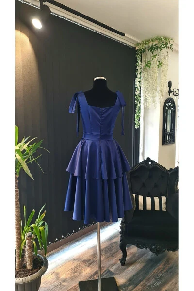 Navy Satin Square Neck, Sleeveless, Bow Shoulders - 5