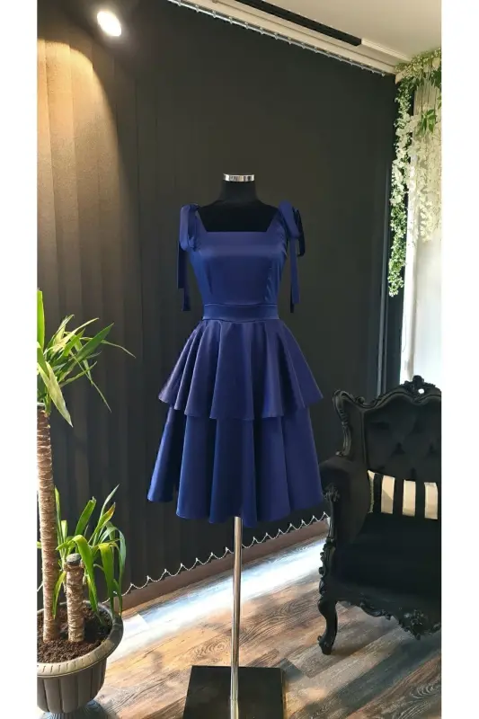 Navy Satin Square Neck, Sleeveless, Bow Shoulders - 4