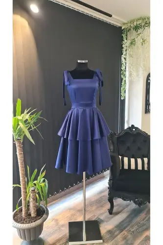 Navy Satin Square Neck, Sleeveless, Bow Shoulders - 5
