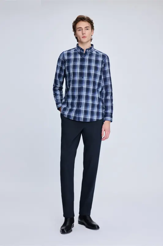 Navy Slim Fit Checked Button-Down Long Sleeve P - 2