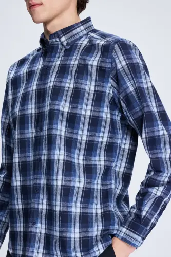 Navy Slim Fit Checked Button-Down Long Sleeve P - 4