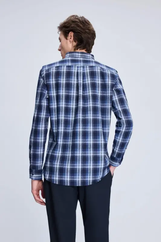 Navy Slim Fit Checked Button-Down Long Sleeve P - 5