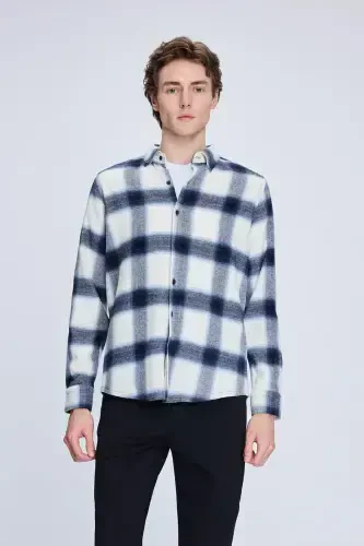 Navy Slim Fit Checked Button-Down Long Sleeve P - 1