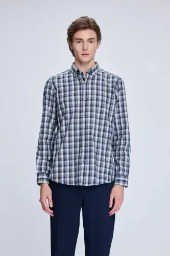 Navy Slim Fit Checked Button-Down Long Sleeve Shirt - 1
