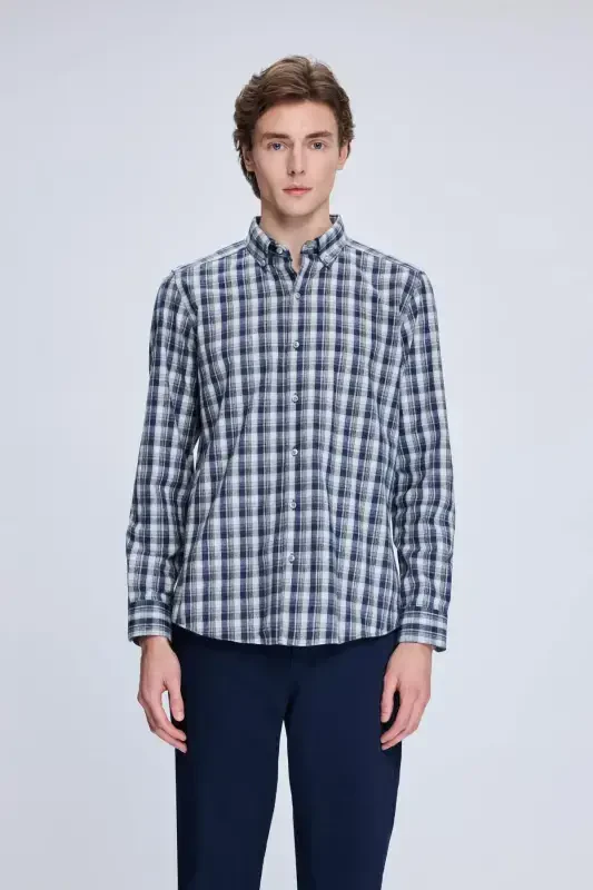 Navy Slim Fit Checked Button-Down Long Sleeve Shirt - 1