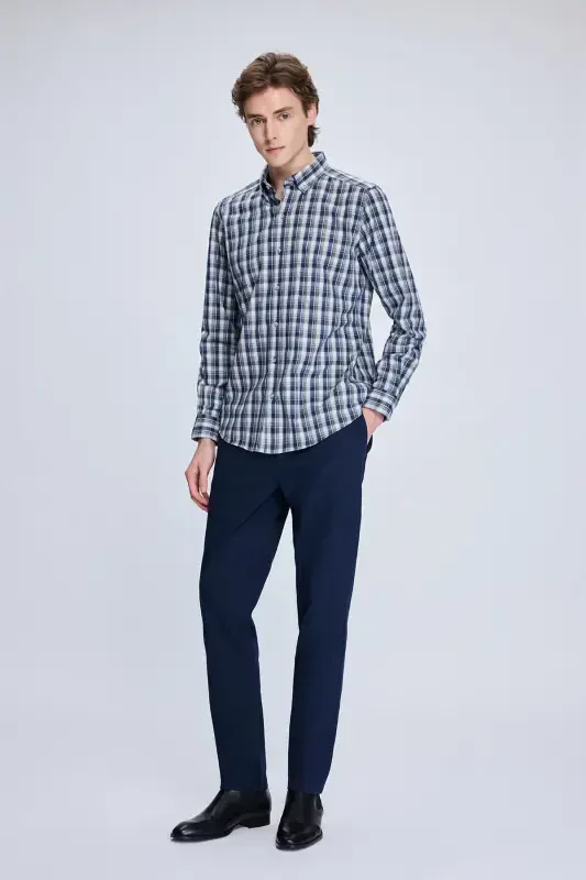 Navy Slim Fit Checked Button-Down Long Sleeve Shirt - 2