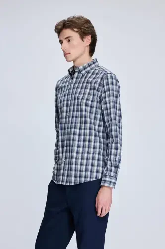 Navy Slim Fit Checked Button-Down Long Sleeve Shirt - 3