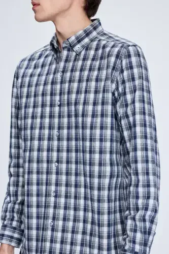 Navy Slim Fit Checked Button-Down Long Sleeve Shirt - 4