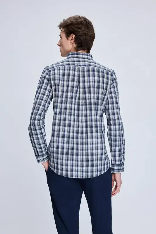 Navy Slim Fit Checked Button-Down Long Sleeve Shirt - 5