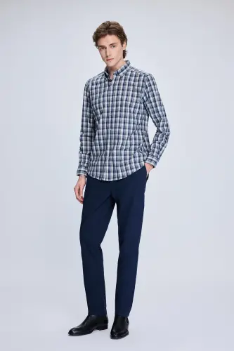 Navy Slim Fit Checked Button-Down Long Sleeve Shirt - HATEMOĞLU (1)