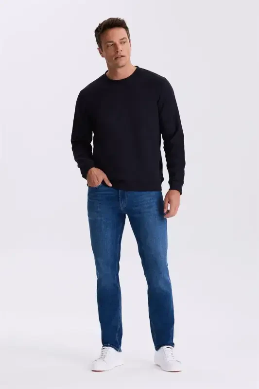 Navy Slim Fit Crew Neck Basic Cotton Lycra Sweatshirt - 1