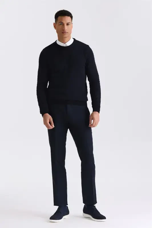 Navy Slim Fit Crew Neck Patterned Knitted Sweater - 3