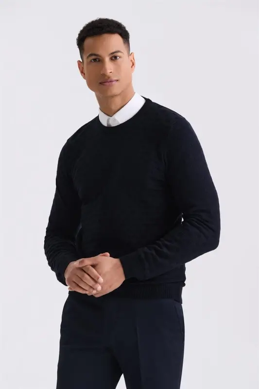 Navy Slim Fit Crew Neck Patterned Knitted Sweater - 2