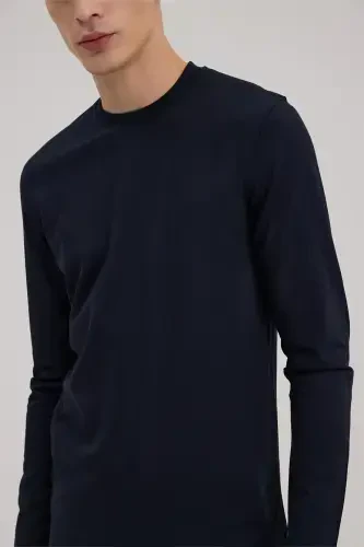 Navy Slim Fit Crew Neck Rayon Long Sleeve Basic T-Shirt - 3