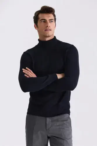 Navy Slim Fit Full Turtleneck Patterned Knit Sweater 
